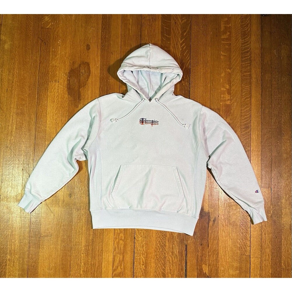 Champion Reverse Weave Triple Script Logo Large Hoodie Sweatshirt Light Blue